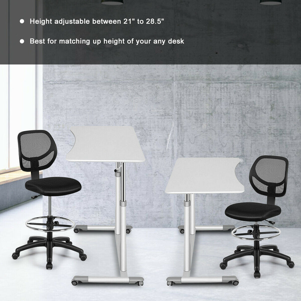 Adjustable height mid back mesh drafting office chair with ergonomic support, 360-degree swivel, and universal wheels.