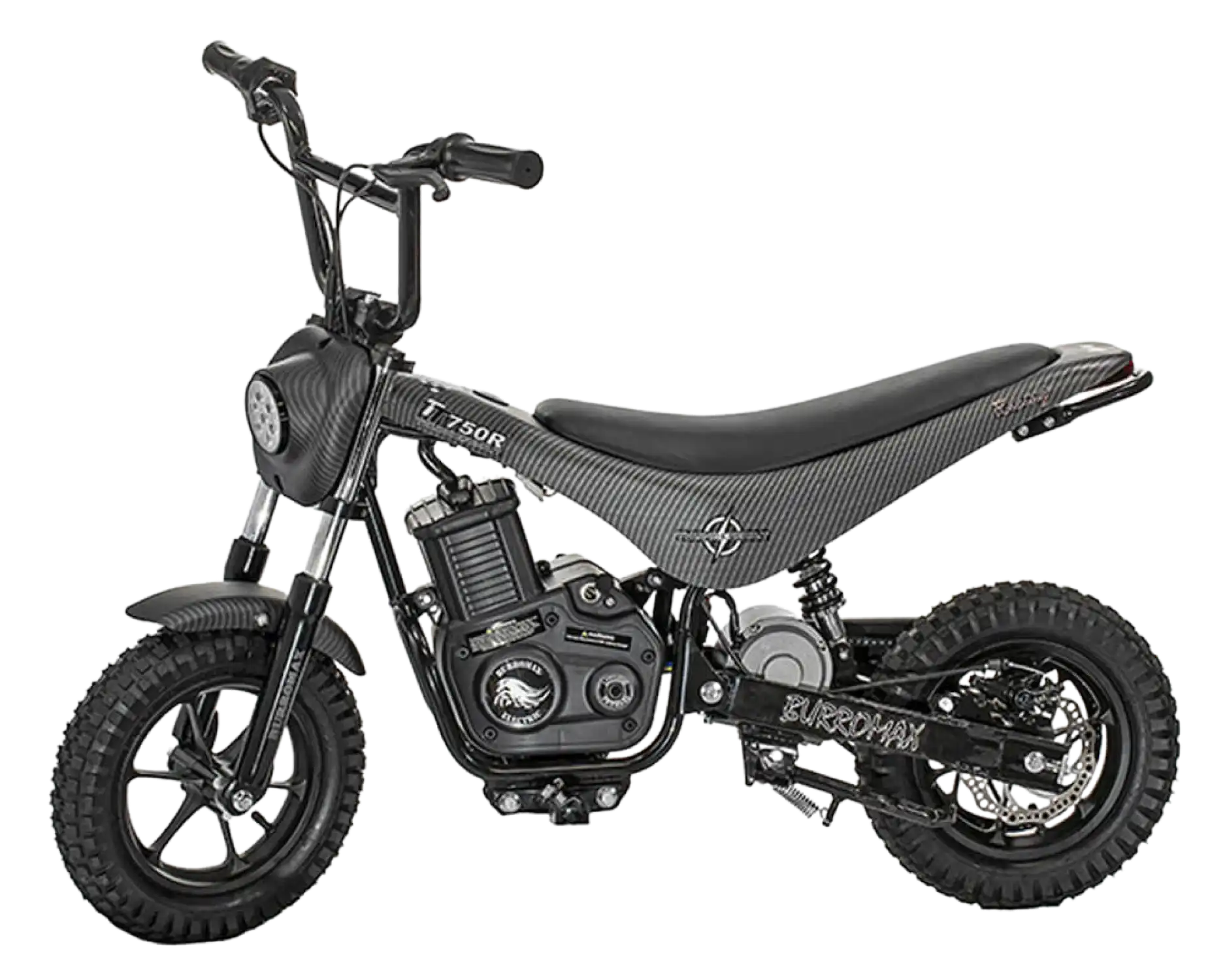 Burromax TT750R 36V 750W Kids Off Road Electric Lithium Ion Powered Ride On Mini Pocket Dirt Bike Matte Black Carbon Fiber New