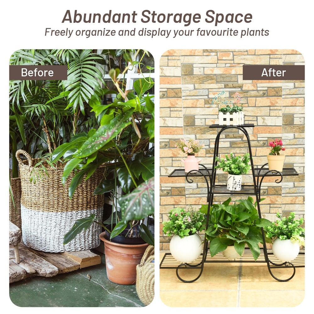 7-tier metal patio plant stand with a classic design, ideal for displaying plants in homes, gardens, or shops.