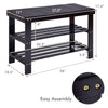 Black 3 tier bamboo bench storage shoe shelf with dimensions, ideal for shoe storage or as a bedside bench.
