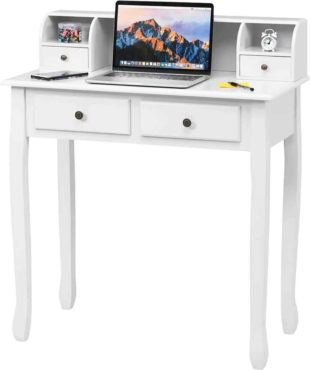 White writing desk with 4 drawers and detachable storage cabinet, perfect for dressing or working in any home decor.