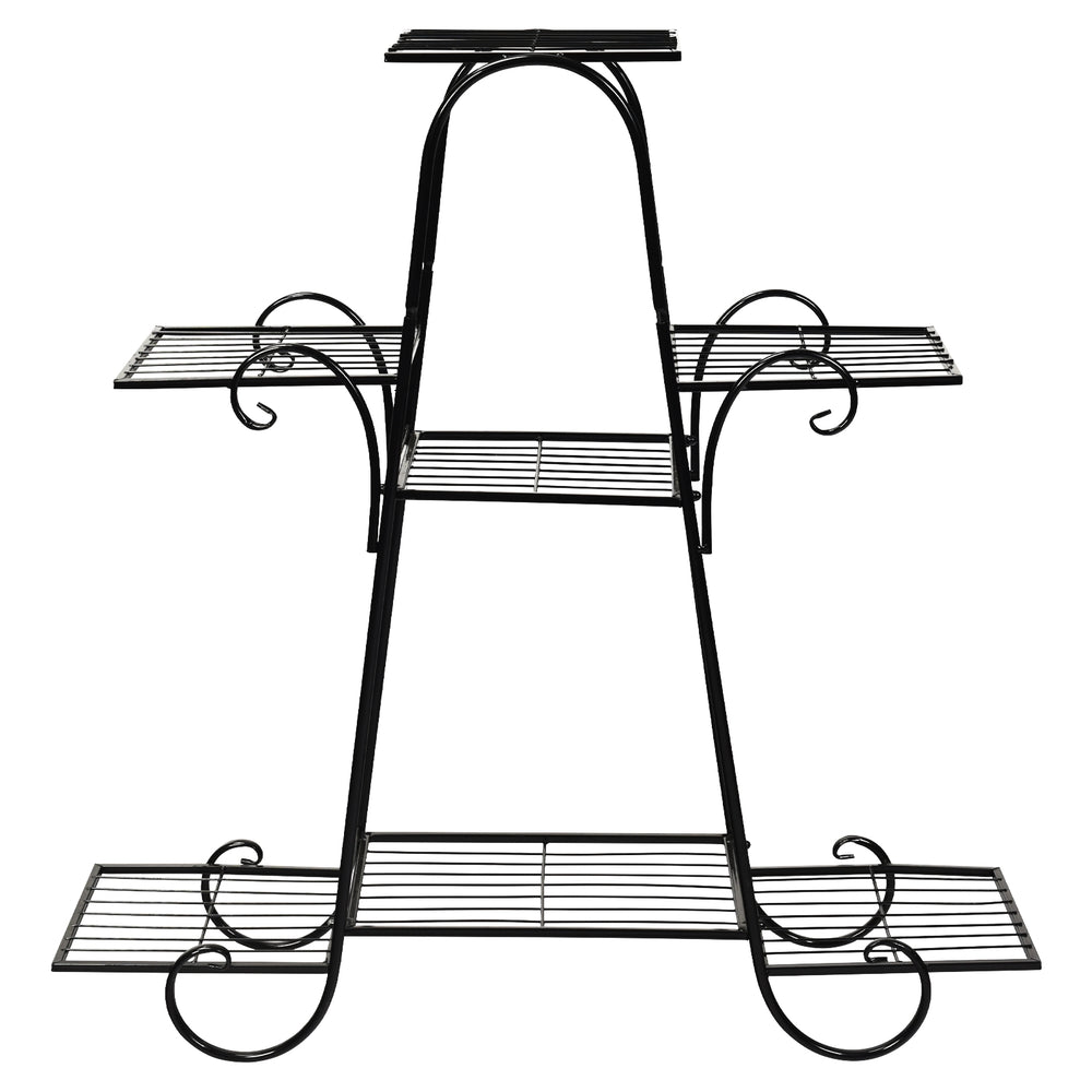 7-tier metal patio plant stand with a classic design, durable iron structure, and hollow-out trays for water drainage.