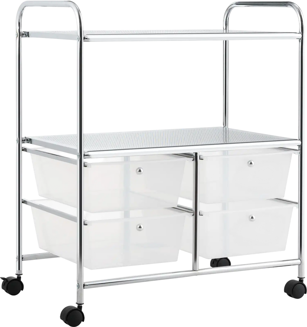 Rolling storage cart with 4 big drawers and 2 mesh shelves, featuring a sturdy steel frame and 4 wheels for easy.