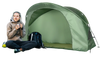 Elevated compact tent set in green with camping cot, external cover, and large entrance for outdoor relaxation.