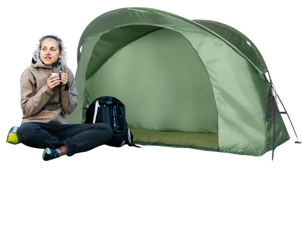 Elevated compact tent set in green with camping cot, external cover, and large entrance for outdoor relaxation.