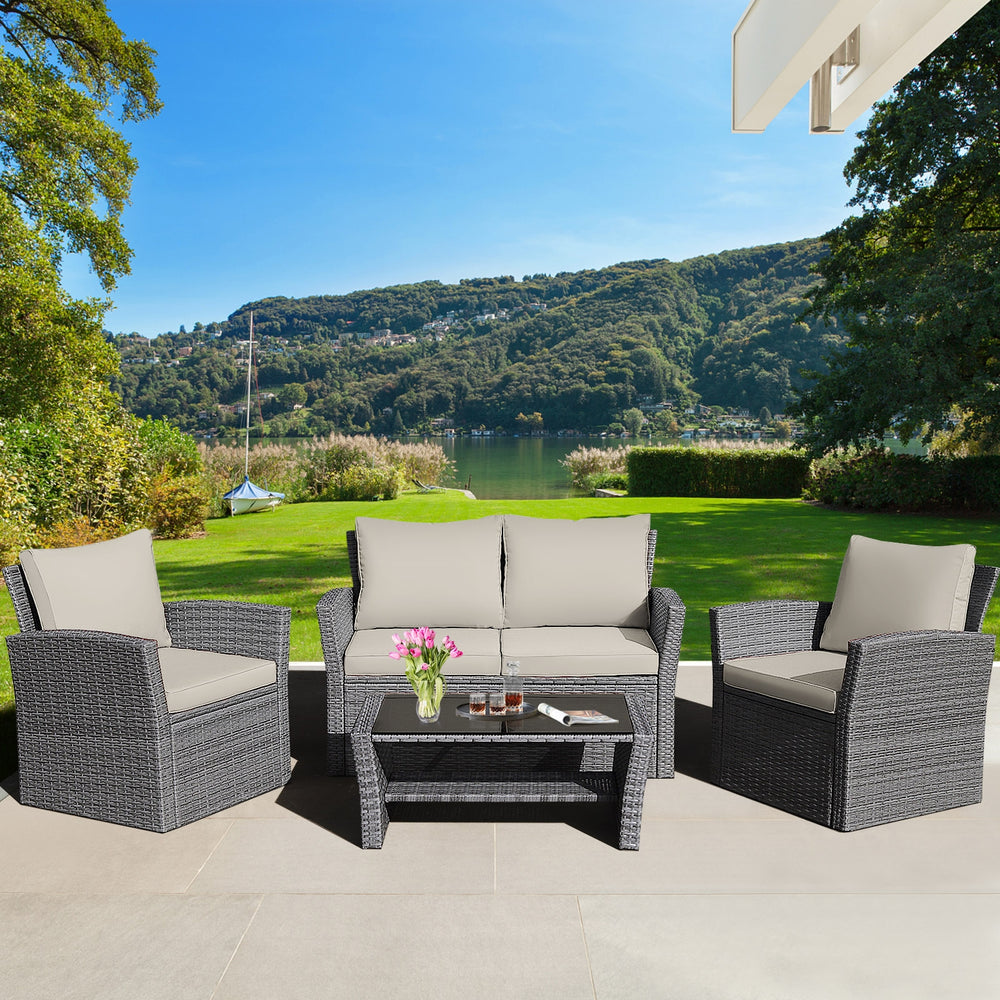4 Pieces Patio Rattan Furniture Set Sofa Table with Storage Shelf Cushion-Khaki - Gallery View 1 of 14