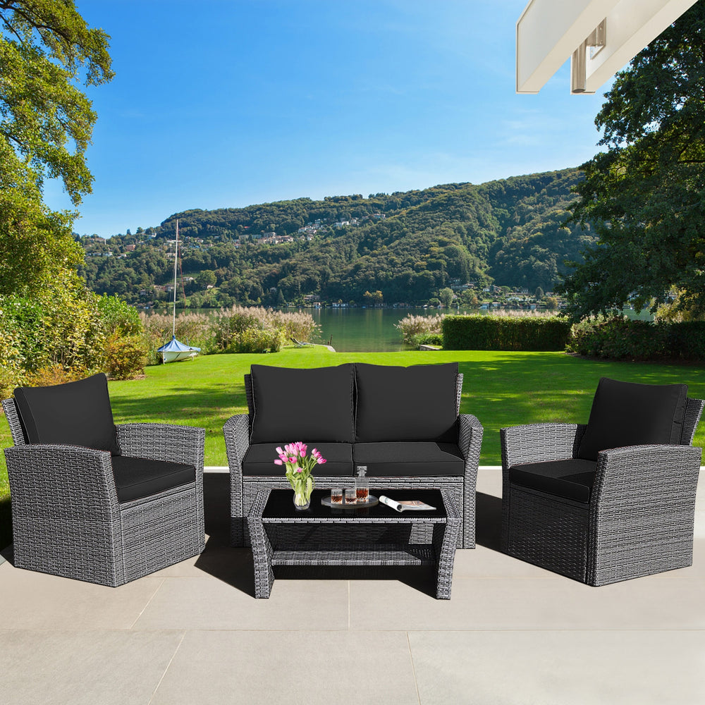 4 Pieces Patio Rattan Furniture Set Sofa Table with Storage Shelf Cushion-Black - Gallery View 1 of 16
