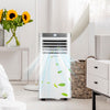 8000 BTU portable air conditioner in white with remote control, ideal for cooling and dehumidifying any room.