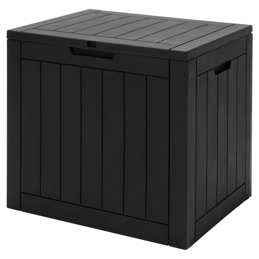 Black 30-gallon deck box with woodgrain surface, ideal for outdoor storage, seating, or as a side table.