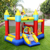 Colorful inflatable bounce slide castle featuring dual jumping areas, slide, and ocean balls for kids' outdoor fun.