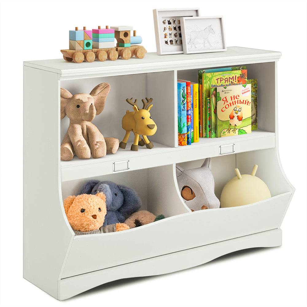White kids storage unit featuring four divided shelves, perfect for organizing toys and books in a stylish design.