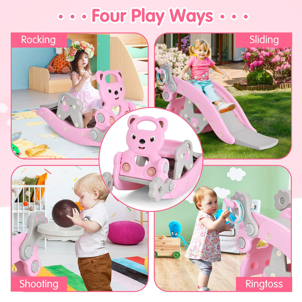 4-in-1 pink toddler slide and rocking horse playset featuring sliding, swinging, basketball hoop, and ring toss.