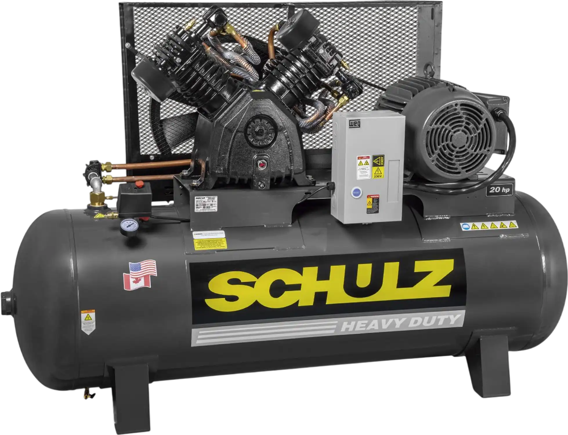 Schulz L-Series Air Compressor 20 HP 120 gal. 2-Stage 208-230/460V 3-Phase Horizontal 80 CFM 175 PSI 20120HLV80BR New