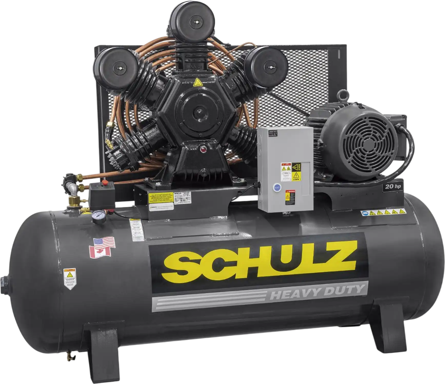 Schulz V-Series Air Compressor 20 HP 120 gal. 2-Stage 208-230/460V 3-Phase Horizontal 58.4 CFM 175 PSI 20120HWV80X-3 New