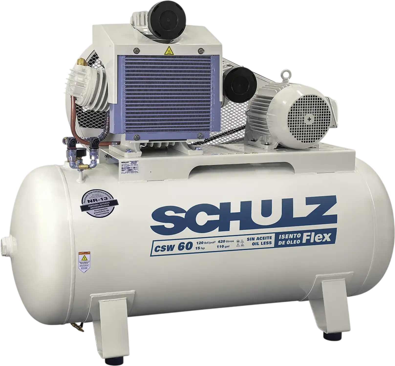Schulz Oil Less Air Compressor 15 HP 120 gal. 2-Stage 208-230/460V 3-Phase Horizontal 37.6 CFM 120 PSI 15120HW60-3 New