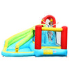 Inflatable bounce house with climbing wall and water slide, featuring bright colors for backyard fun and summer parties.