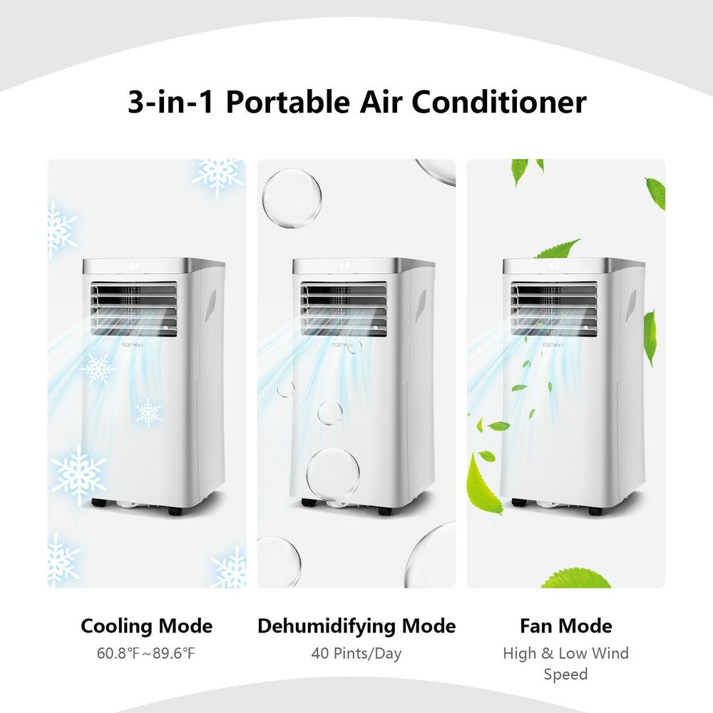 8000 BTU portable air conditioner in white, showcasing cooling, dehumidifying, and fan modes for versatile comfort.