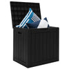 Black 30-gallon deck box with lockable lid, ideal for storing pillows and pool toys, doubles as a patio bench.