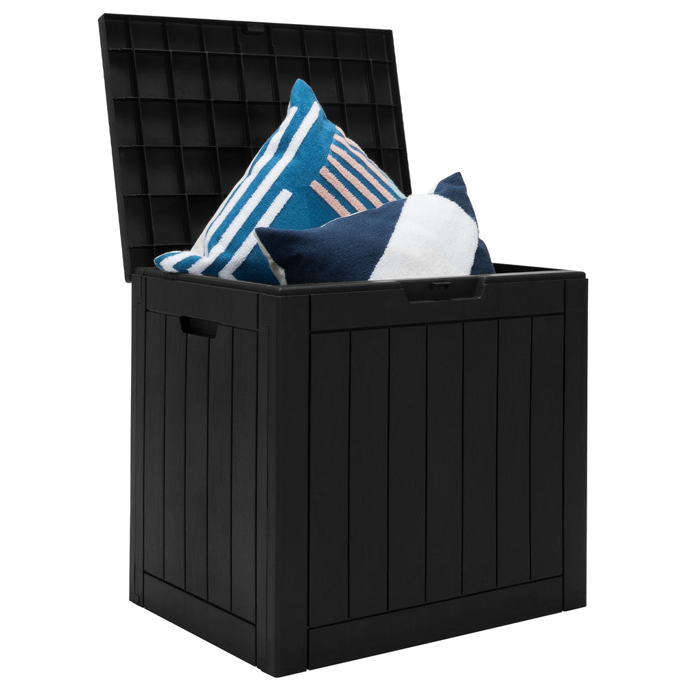 Black 30-gallon deck box with lockable lid, ideal for storing pillows and pool toys, doubles as a patio bench.