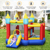 Colorful inflatable bounce slide castle for kids aged 3-10, featuring dual jumping areas and a wide slide.
