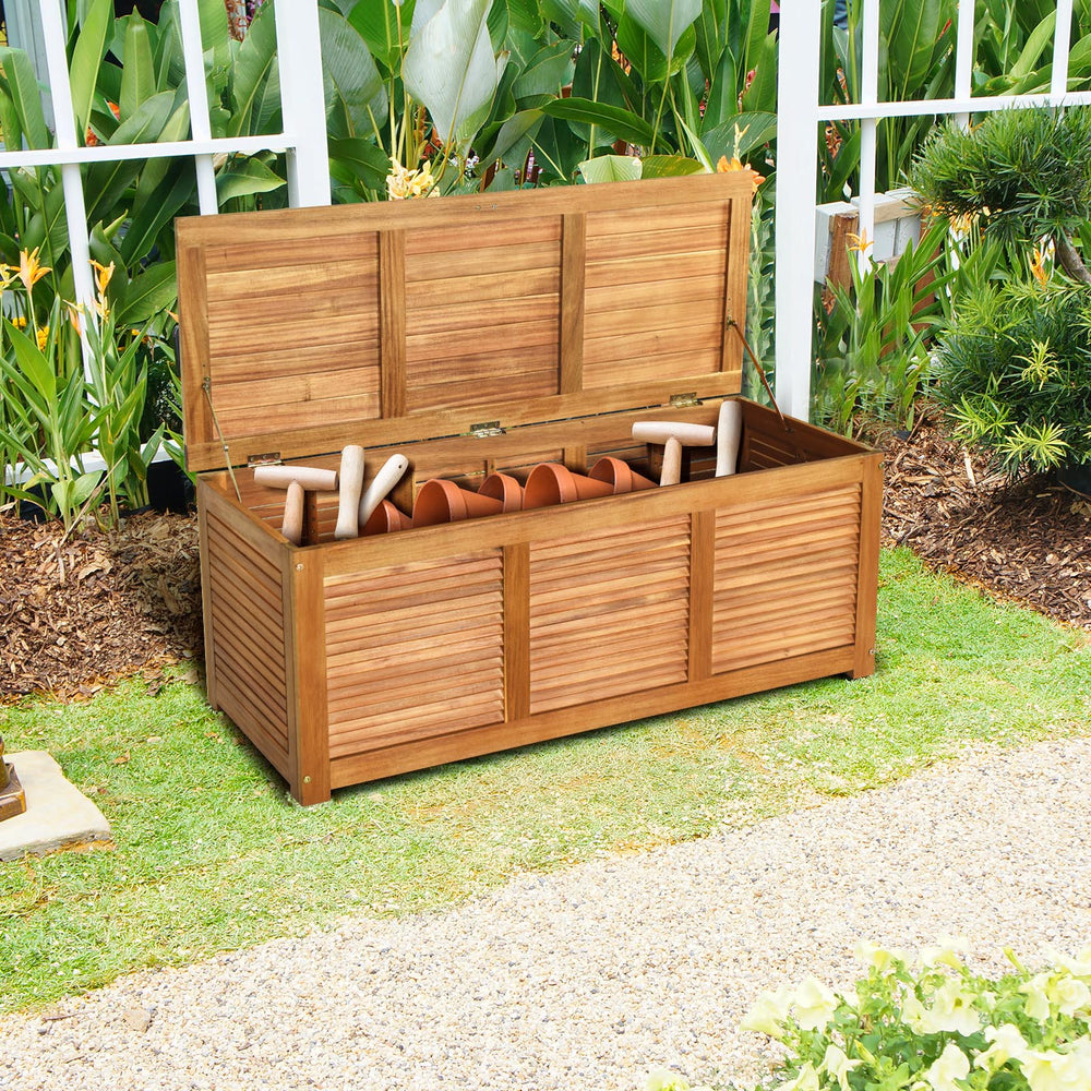 Acacia wood storage bench box with flip-top lid, ideal for patio or garden, offering 46-gallon capacity for tools and.