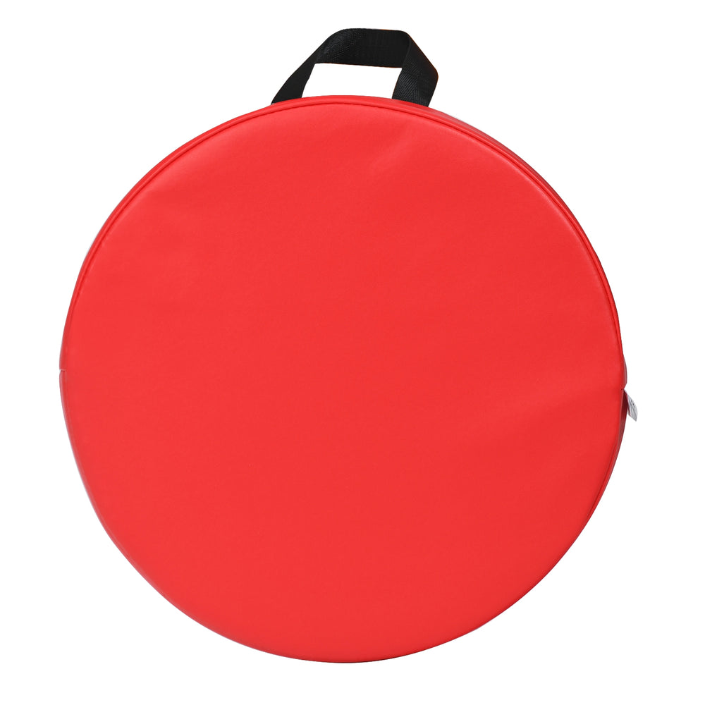 Red 15-inch round toddler floor cushion made of waterproof PU, lightweight for easy carrying, ideal for kids' play.
