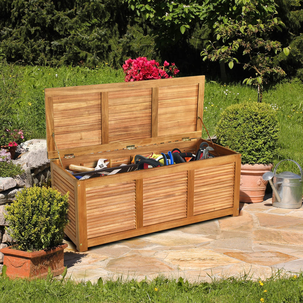 Acacia wood storage bench box with flip-top lid, ideal for patio garden storage and seating, holds up to 355 pounds.