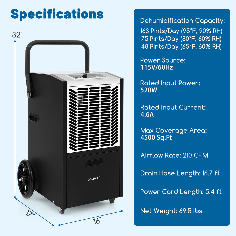 140 Pints commercial dehumidifier with pump, 4500 sq.ft capacity, touch control panel, and heavy-duty metal housing.