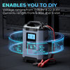 Tornado90000 portable power station with LCD display and red battery clamps on dark background.