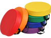 Multicolor 15-inch round toddler floor cushions with ergonomic handles, made of durable waterproof PU for kids' comfort.