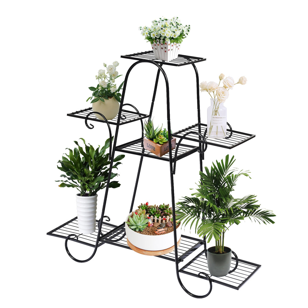 7-tier metal patio plant stand with a classic design, featuring a durable iron structure for home and garden use.