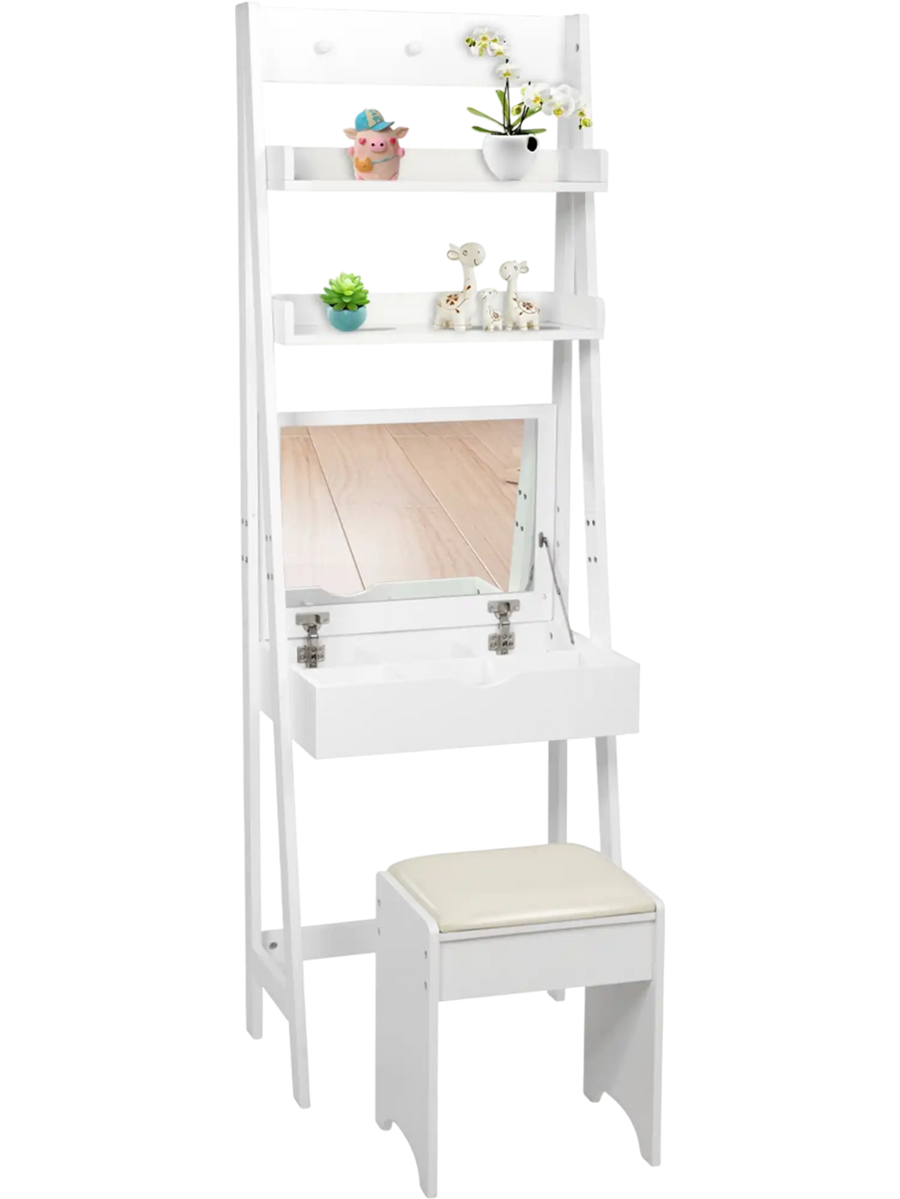 3-in-1 Modern Shelf Vanity Set with Flip Top Mirror and 6 Makeup Organizers