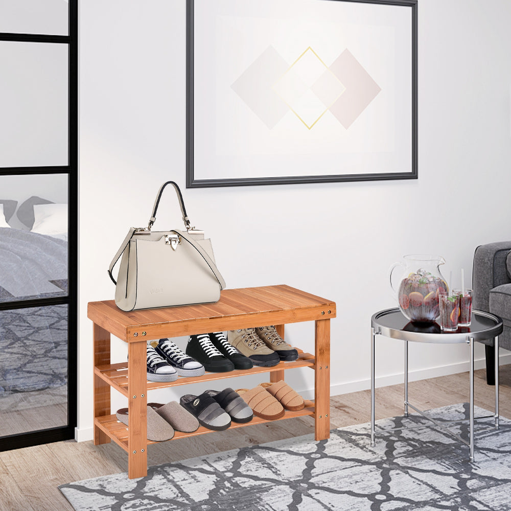 3 Tier Bamboo Bench Storage Shoe Shelf-Natural - Gallery View 1 of 10