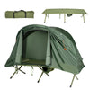 Elevated compact tent set in green with cot, external cover, and sleeping mat for comfortable camping experiences.