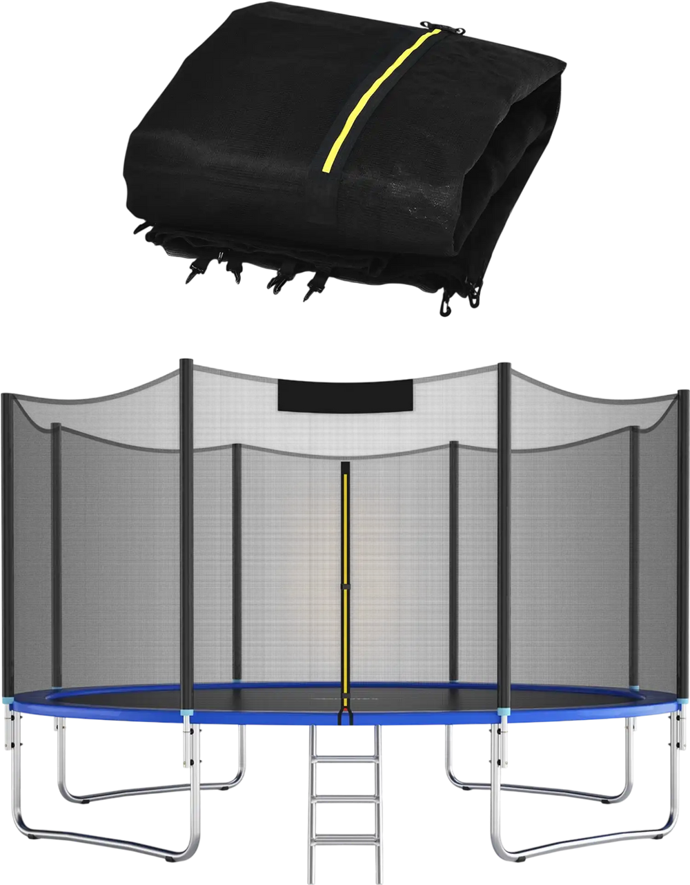 8FT trampoline safety enclosure net with double-headed zipper door and premium PE material for enhanced protection.