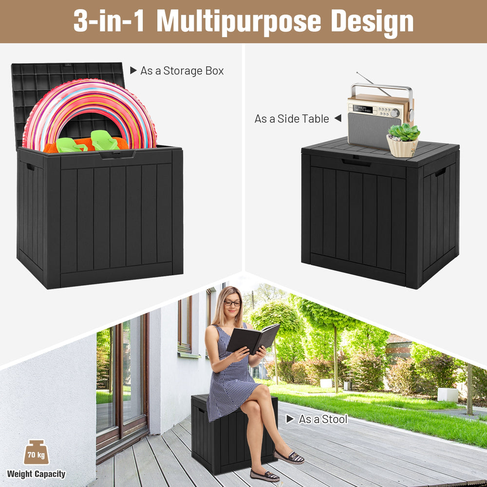 Black 30-gallon deck box storage container with woodgrain finish, used as a stool, side table, or storage box.