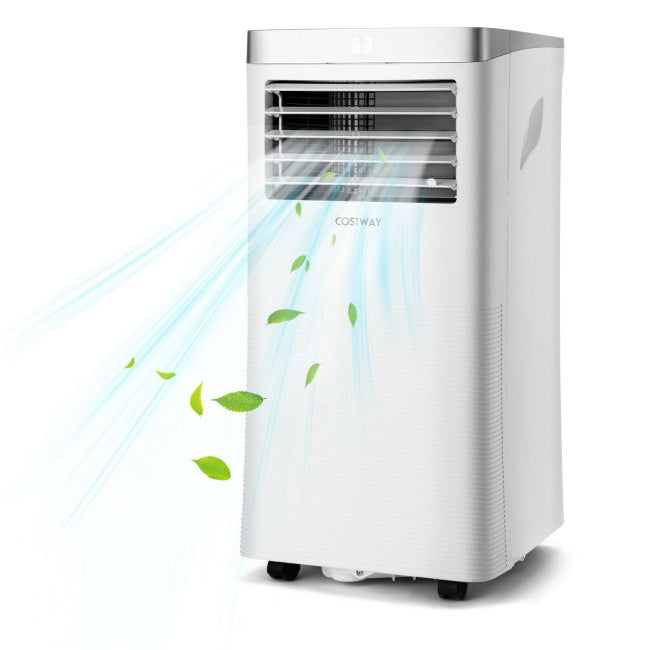 Portable 8000 BTU air conditioner with remote control, featuring a sleek design and efficient cooling for comfortable.