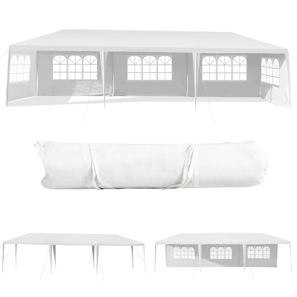 10 x 30 feet canopy tent with 5 removable sidewalls, durable PE material, ideal for outdoor parties and weddings.
