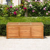 Acacia wood storage bench box with a sleek design, providing 46-gallon capacity for outdoor essentials in garden.