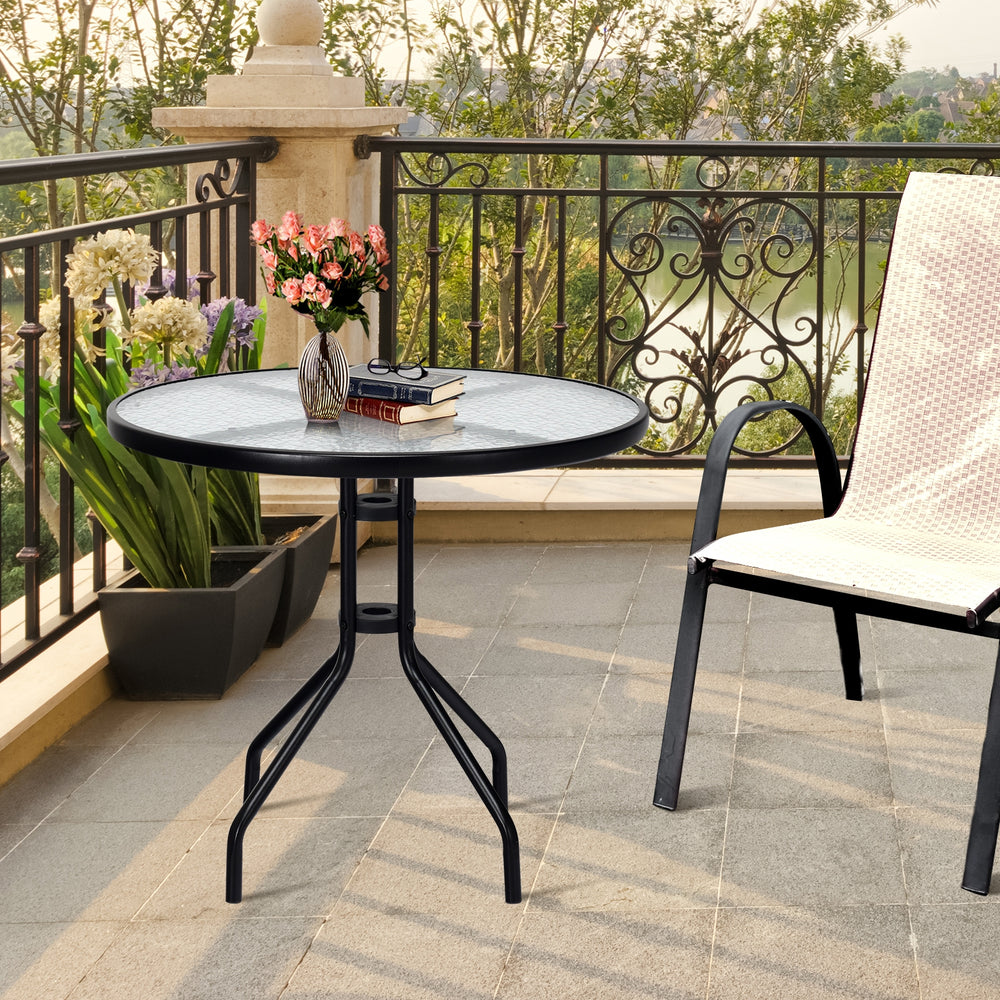 Round 32-inch outdoor patio table with tempered glass top and umbrella hole, perfect for indoor or outdoor use.