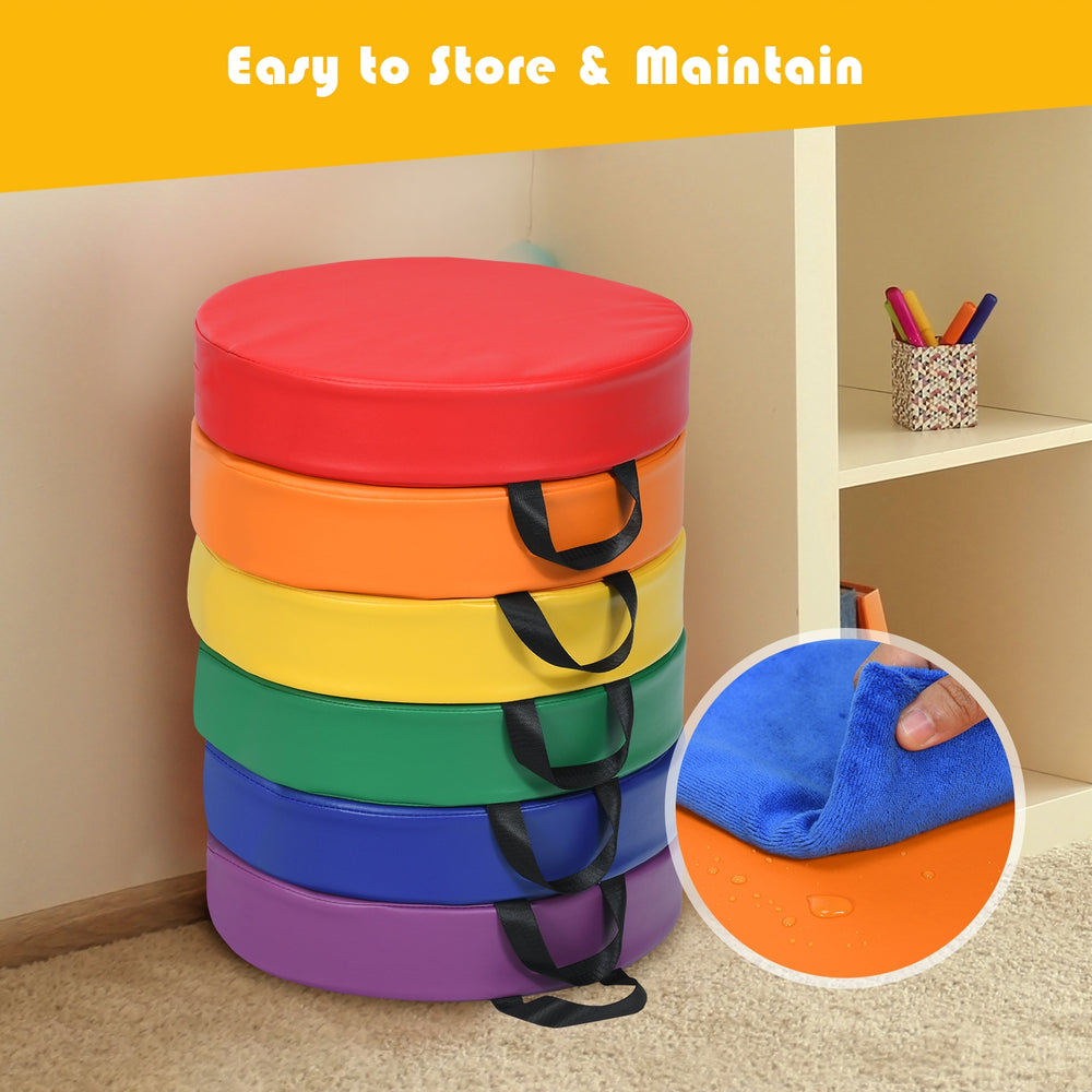 Stack of 6 multicolor 15-inch round toddler floor cushions, made of waterproof PU and EPE for easy cleaning and storage.