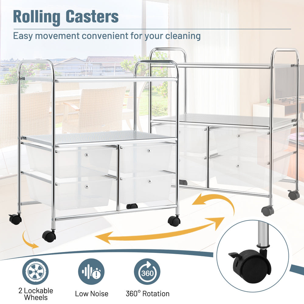 Rolling storage cart with 4 drawers and 2 shelves, featuring a sturdy steel frame and 360° rotating wheels for easy.