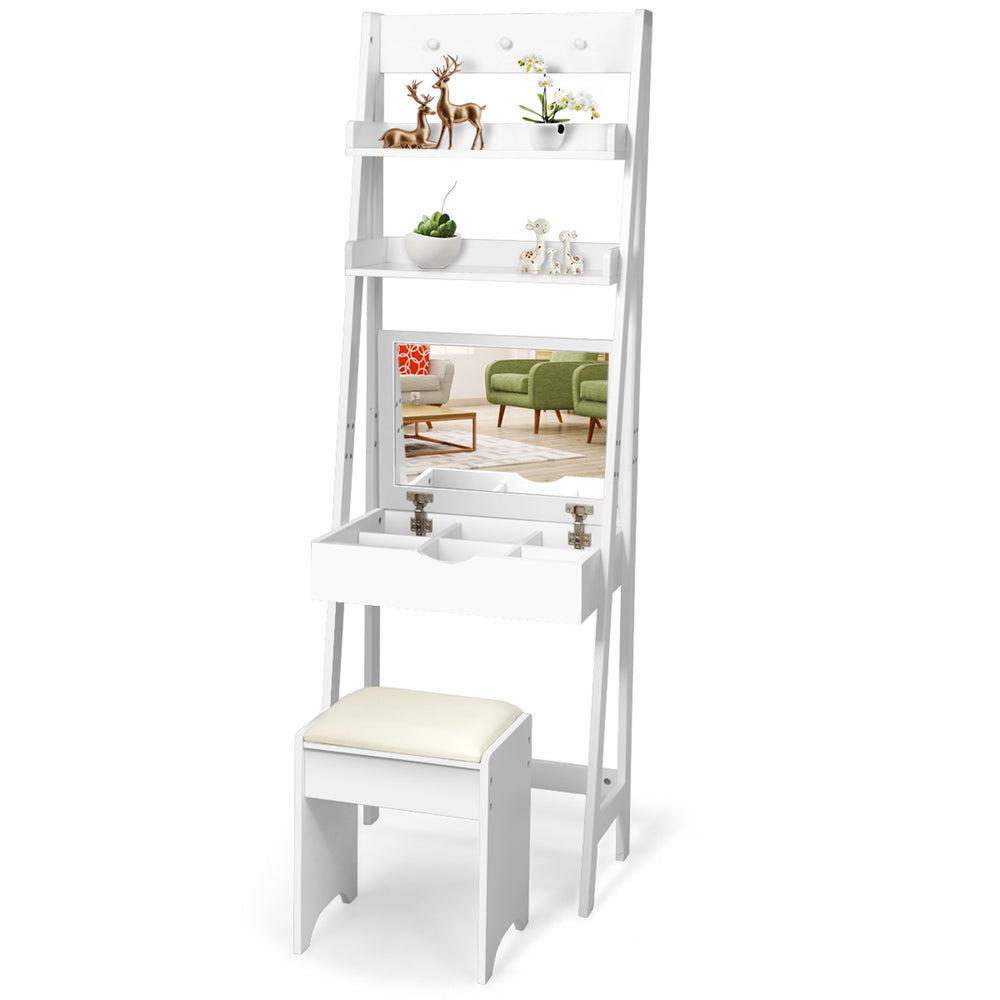 Modern white 3-in-1 shelf vanity set with flip top mirror, 6 organizers, and matching stool for small spaces.