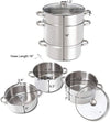 Stacked 11-quart stainless steel pan fruit juicer steamer with tempered glass lid and loop handles for versatile.
