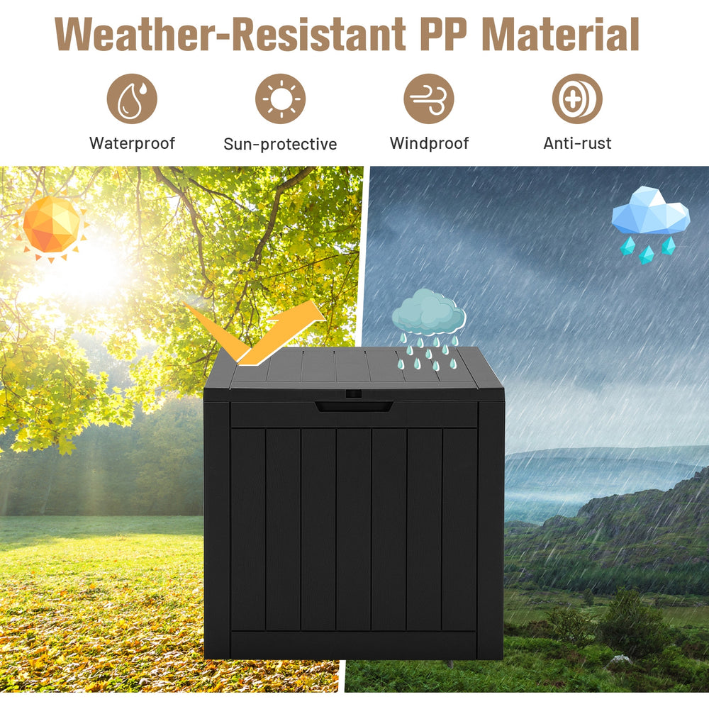 Black 30-gallon deck box storage container with weather-resistant PP material, ideal for outdoor seating and storage.
