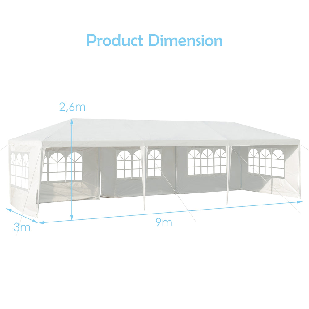 Large 10' x 30' canopy tent with 5 removable sidewalls, ideal for outdoor parties and weddings, featuring sturdy steel.