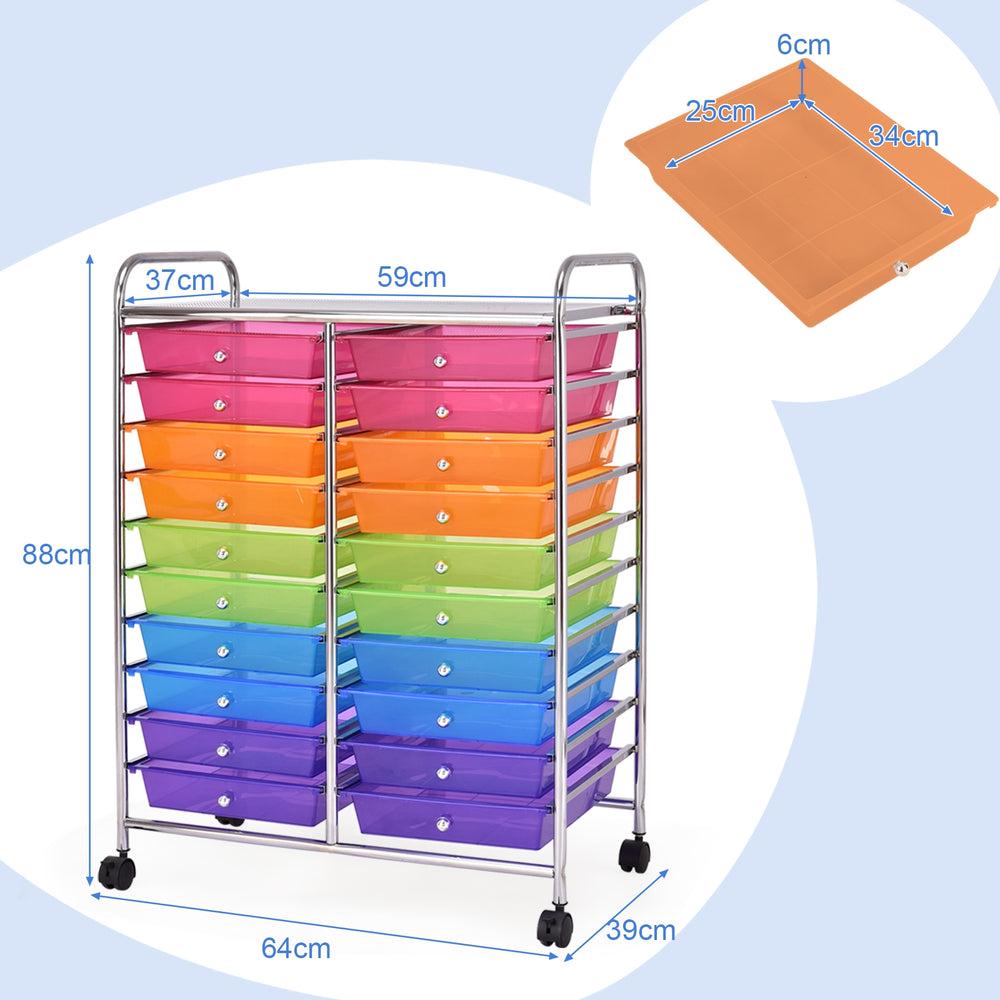 Colorful 20-drawer rolling cart showcasing removable drawers, perfect for organizing craft supplies or tools in various.