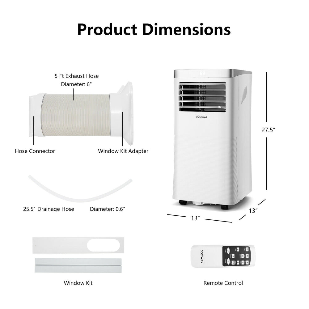 Portable air conditioner with remote control, 8000 BTU, compact design, includes window kit and exhaust hose for easy.
