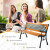Outdoor cast iron patio bench with solid wood seat, sturdy construction, and stylish design for comfortable seating.