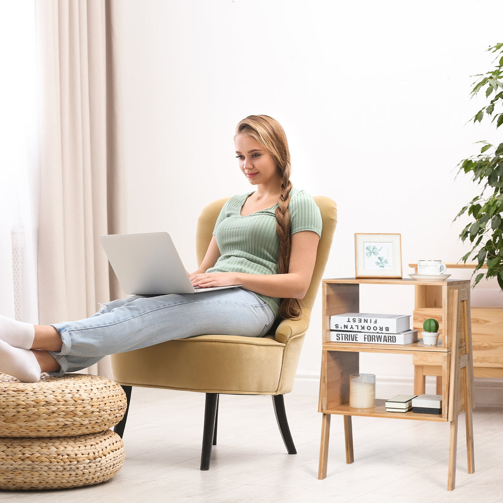Bamboo nightstand sofa table with storage shelf, showcasing compact design and natural material for versatile use.